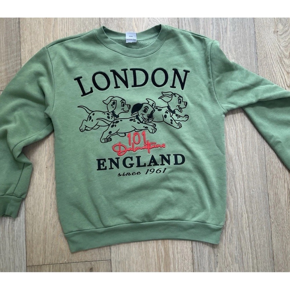 Disney London England 101 Dalmatians Embroidered Green Crew Sweatshirt Medium